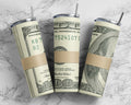 Money roll band tumbler wrap PNG, 20 oz skinny 100 dollar bill seamless tumbler sublimation design digital download, Straight tumbler.