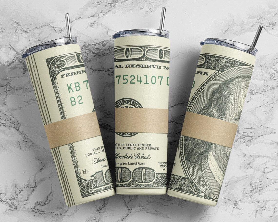 Money roll band tumbler wrap PNG, 20 oz skinny 100 dollar bill seamless tumbler sublimation design digital download, Straight tumbler.