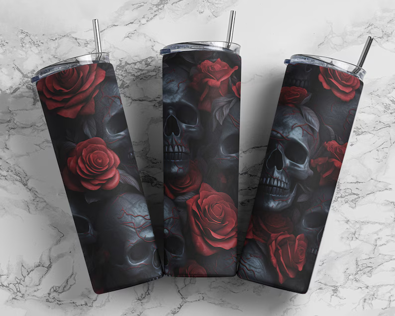 Gothic skulls and roses tumbler wrap PNG, 20 oz skinny 3D tumbler sublimation design digital download, Straight tumbler PNG.