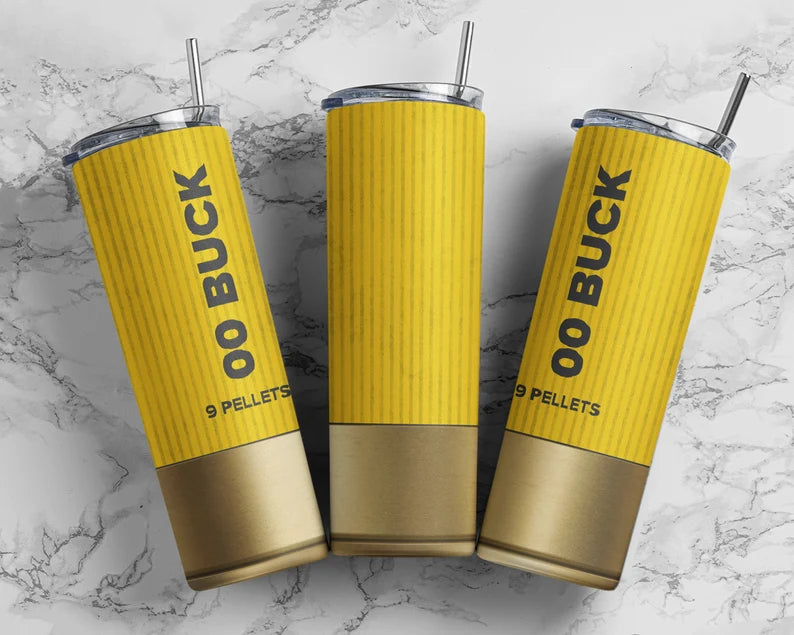 Shotgun shell 00 buckshot yellow tumbler wrap PNG, 20 oz skinny seamless tumbler sublimation design digital download, Straight tumbler.